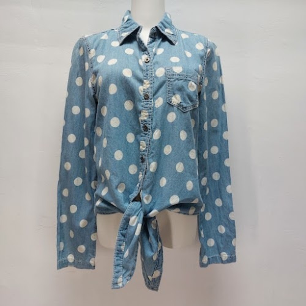 Seven7‎ Button Down Shirt Women's Small Blue White Polka Dot Tie Front Denim